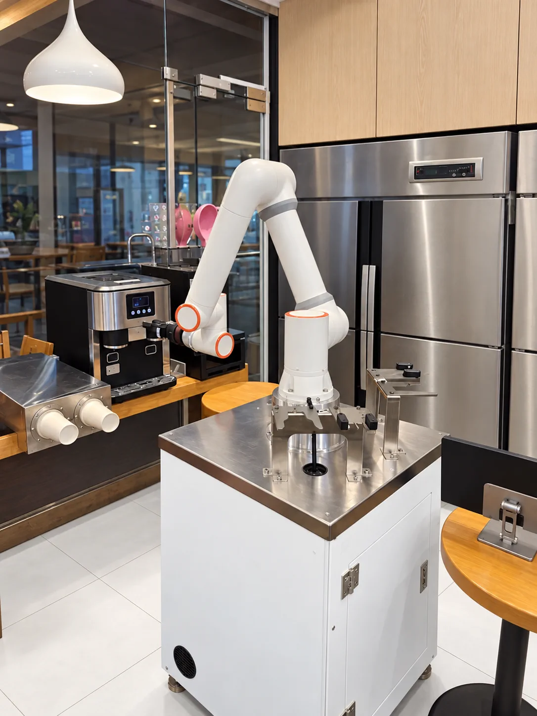 Commercial coffee machine connected to a six-axis collaborative robot